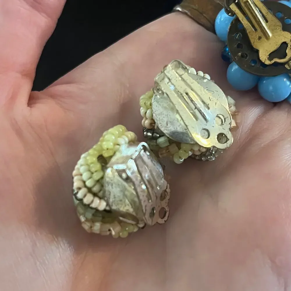 Pair of vintage and beaded clip on earrings blue cream, and gold